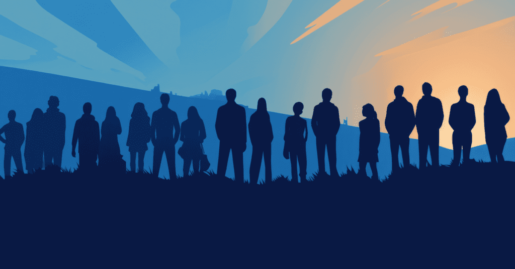 Silhouetted images stand against a bright colour sunset