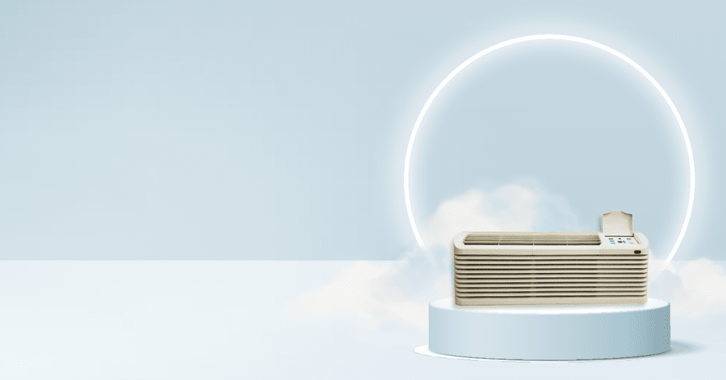 A 42" PTAC sits on a product display mount with a halo of white light around it